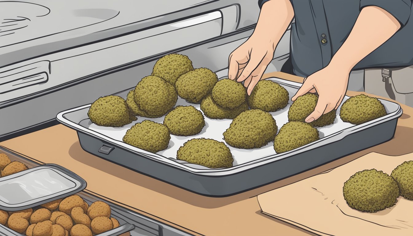 A hand placing falafel onto a baking sheet, next to a labeled freezer bag with more falafel inside