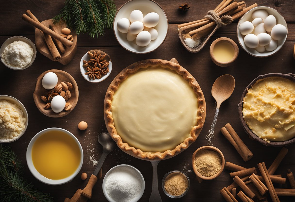 A kitchen counter with ingredients and utensils laid out for making eggnog pie