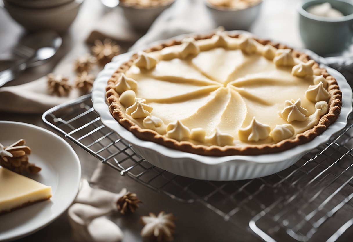 A festive kitchen counter with a freshly baked eggnog pie cooling on a wire rack, surrounded by ingredients and utensils for serving and storing