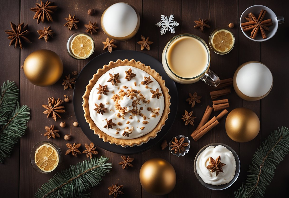 A festive table with a freshly baked eggnog pie surrounded by ingredients like nutmeg, cinnamon, and whipped cream