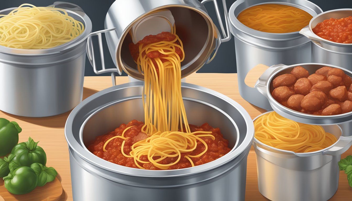 A pot of freshly cooked spaghetti sauce with meat being poured into labeled freezer-safe containers