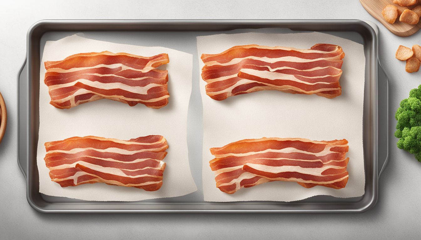 Cooked bacon being transferred onto a baking sheet lined with parchment paper, then placed in the freezer