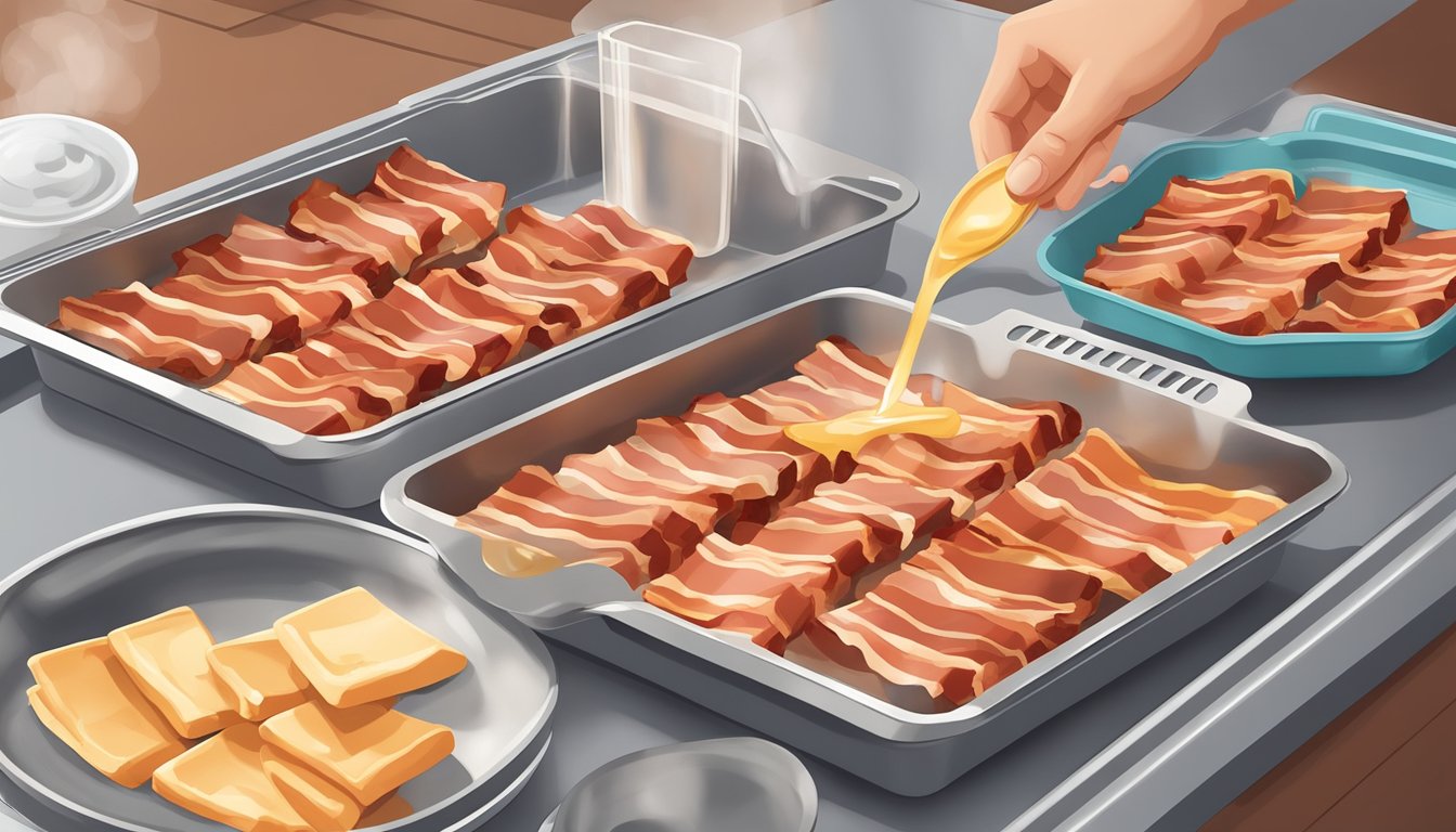 A small container of bacon grease being poured into an ice cube tray, with cooked bacon strips laid out on a baking sheet for freezing