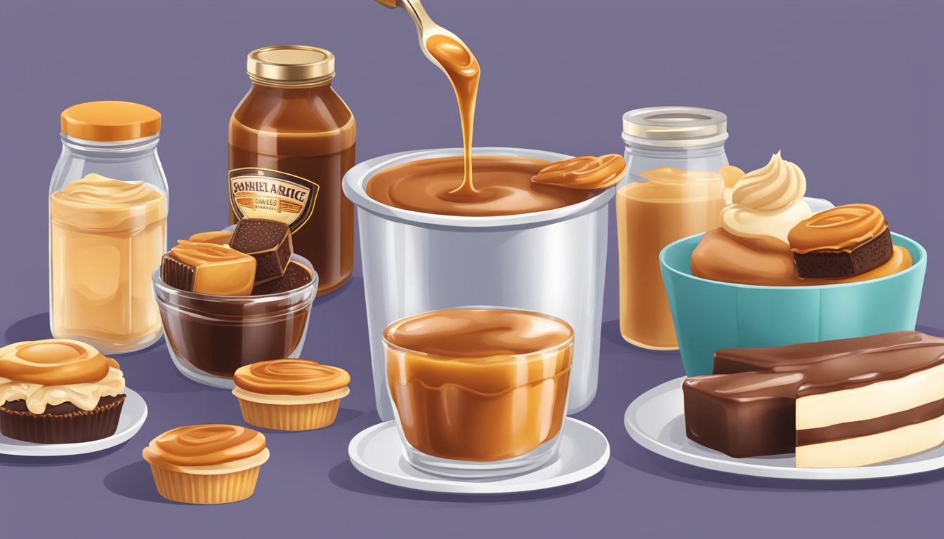 A jar of caramel sauce being poured into a small container, then placed in the freezer surrounded by various decadent desserts