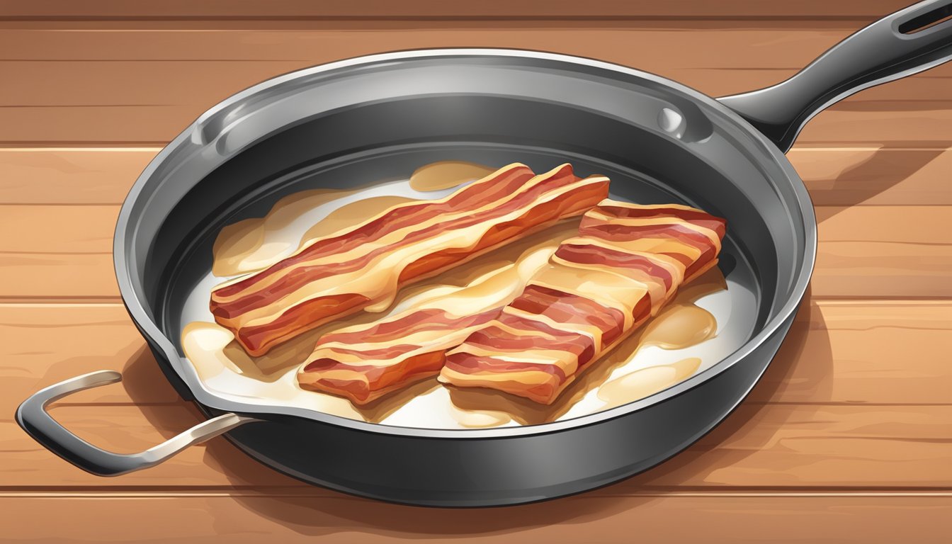 A sizzling pan with frozen bacon strips being cooked, a plate nearby for storing the cooked bacon for quick breakfasts