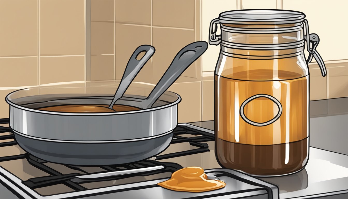 A pot of caramel sauce simmering on the stove, with a spoon stirring it as it thickens and darkens in color. A glass jar sits nearby, ready to be filled and frozen for future use in desserts