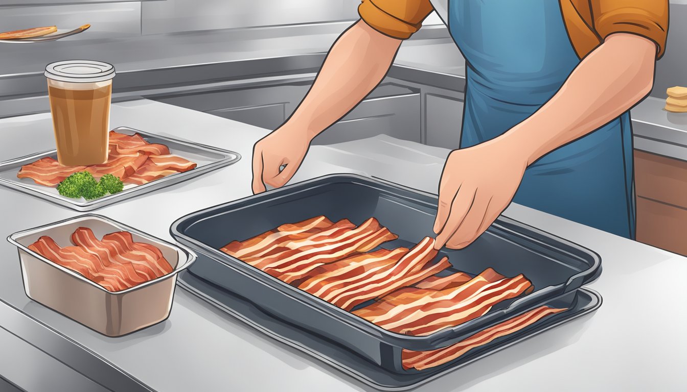 Cooked bacon strips being carefully placed on a tray, then wrapped and stored in a freezer