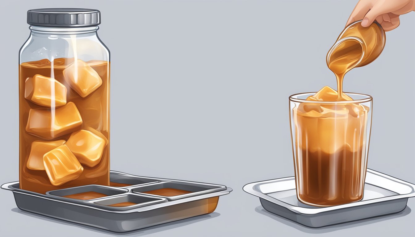 A small jar of caramel sauce being poured into an ice cube tray, with the tray then being placed in the freezer