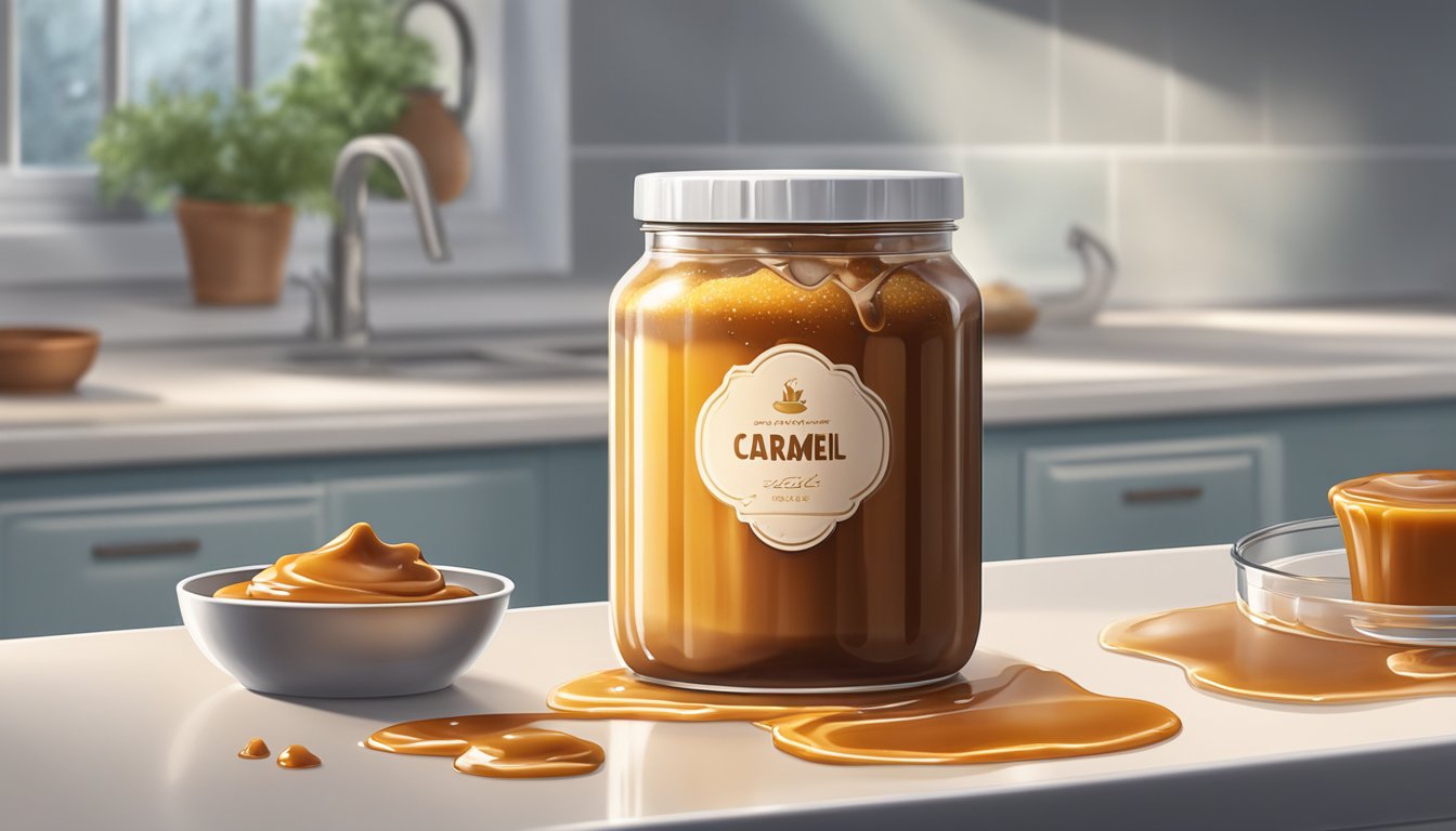 A glass jar of caramel sauce sits on a kitchen counter, surrounded by frost. A small pool of melted caramel forms around the base of the jar