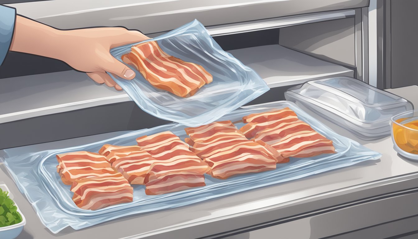 A plate of cooked bacon being carefully wrapped in plastic wrap and placed into a freezer bag, with a label indicating the date of freezing