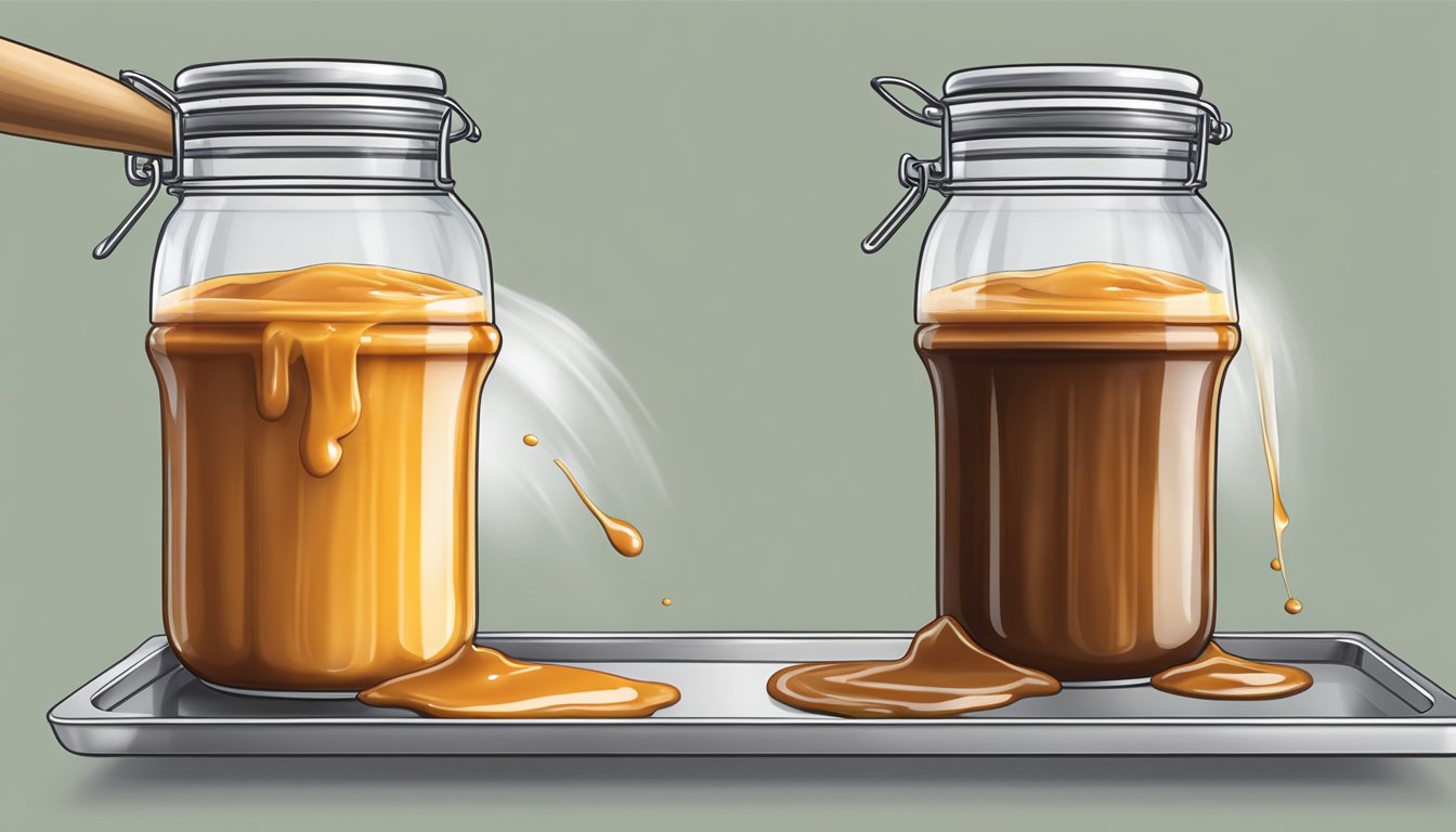 A jar of caramel sauce being poured onto a baking sheet, then placed in the freezer