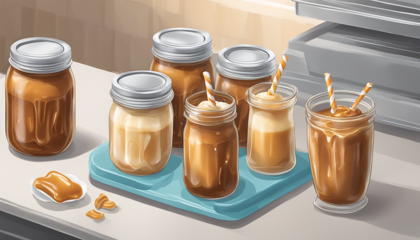 A mason jar filled with caramel sauce being carefully sealed and placed in a freezer next to other frozen treats