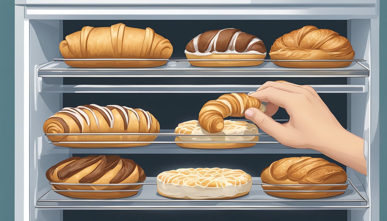 A hand reaching into a freezer, placing a wrapped croissant alongside other pastries