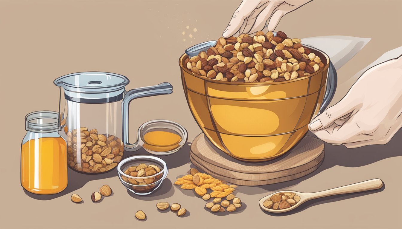 A hand pouring nuts, oats, and honey into a mixing bowl, with a measuring cup of dried fruit nearby