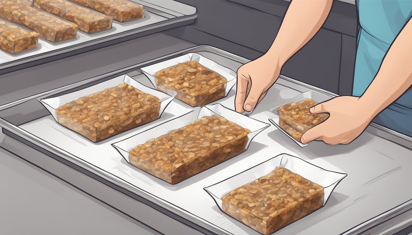 A person places homemade energy bars on a baking sheet lined with parchment paper and puts them in the freezer