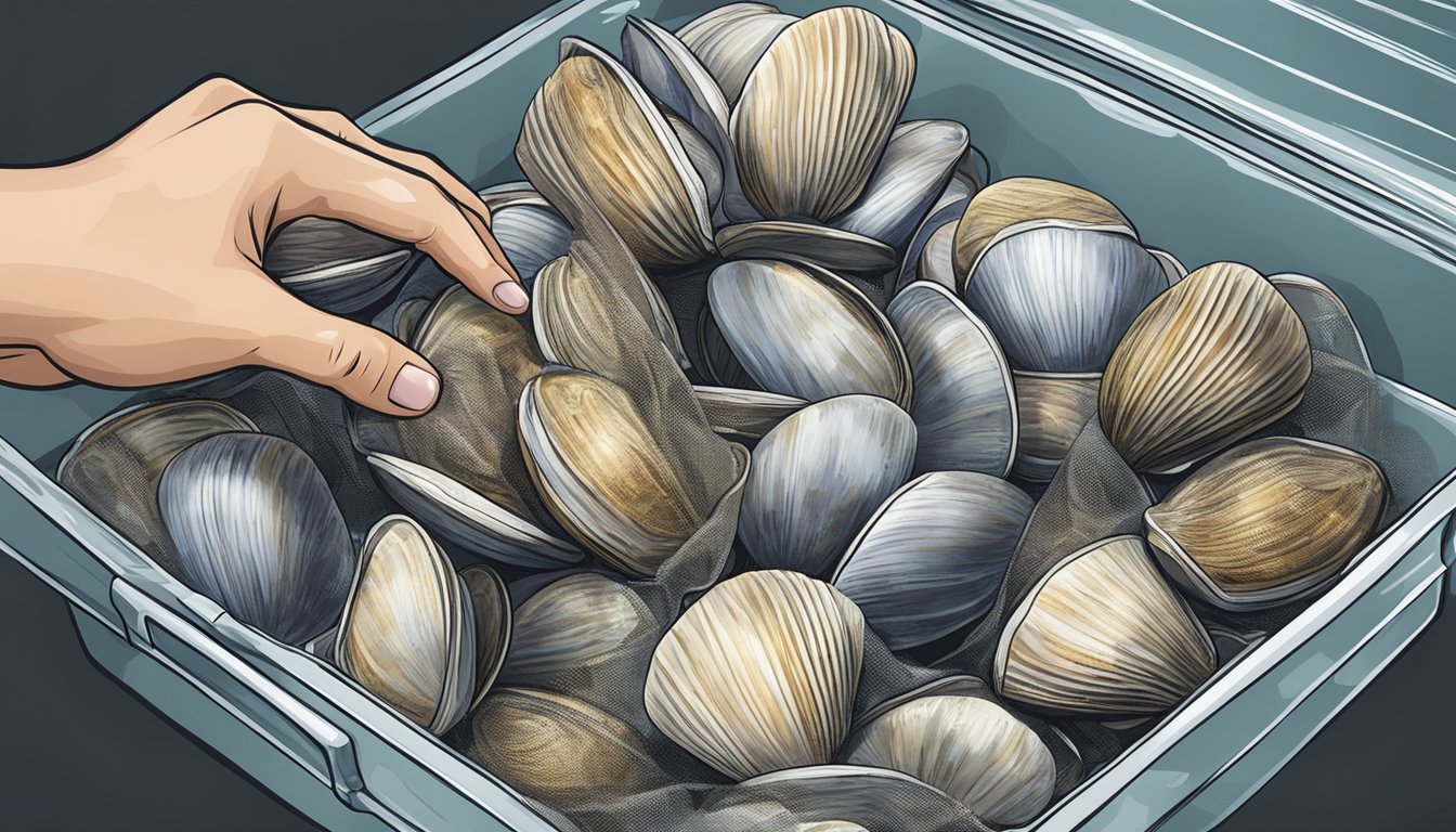 A hand holding a mesh bag of fresh clams, placing them in a freezer