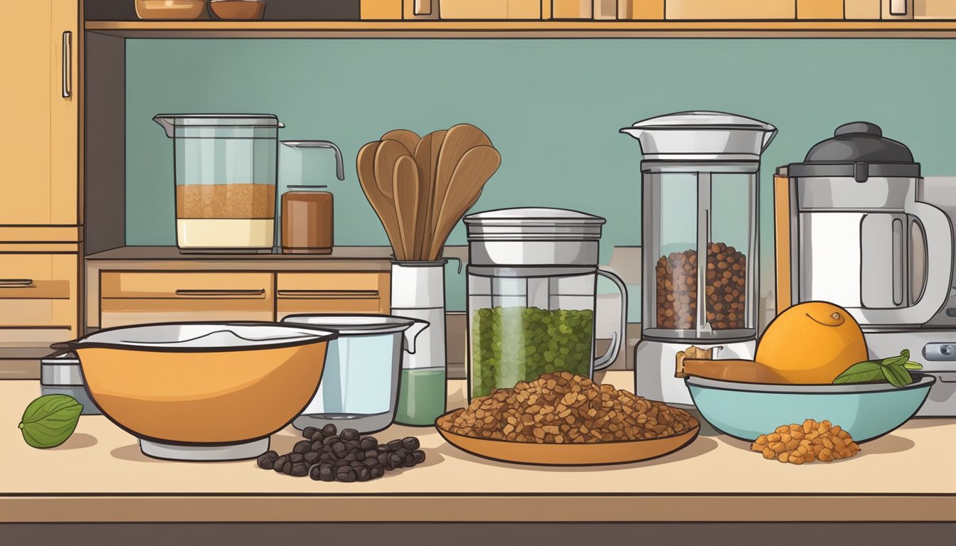 A kitchen counter with a cutting board, mixing bowl, measuring cups, and various ingredients for making homemade energy bars