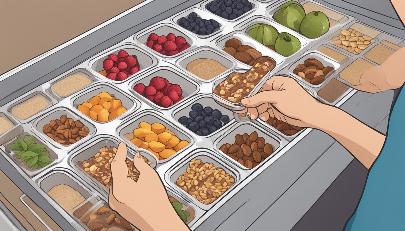 A person placing homemade energy bars into a labeled freezer-safe container with a lid, surrounded by various frozen fruits and nuts