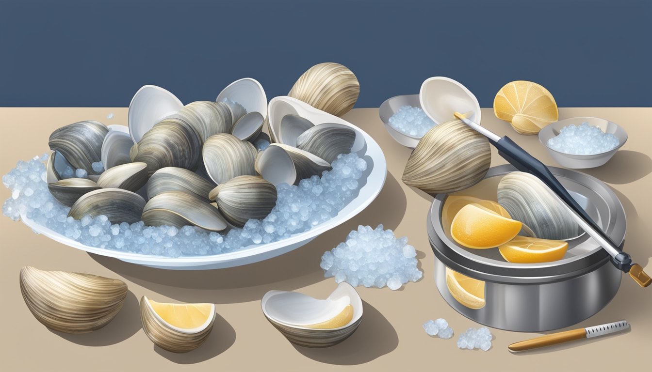 Fresh clams being placed in a freezer, ice crystals forming on their shells, a thermometer showing the temperature dropping