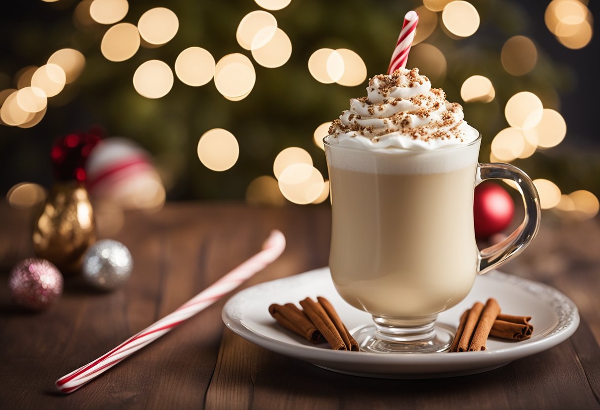 A frothy eggnog milkshake topped with whipped cream and a sprinkle of nutmeg sits on a festive table with a candy cane garnish