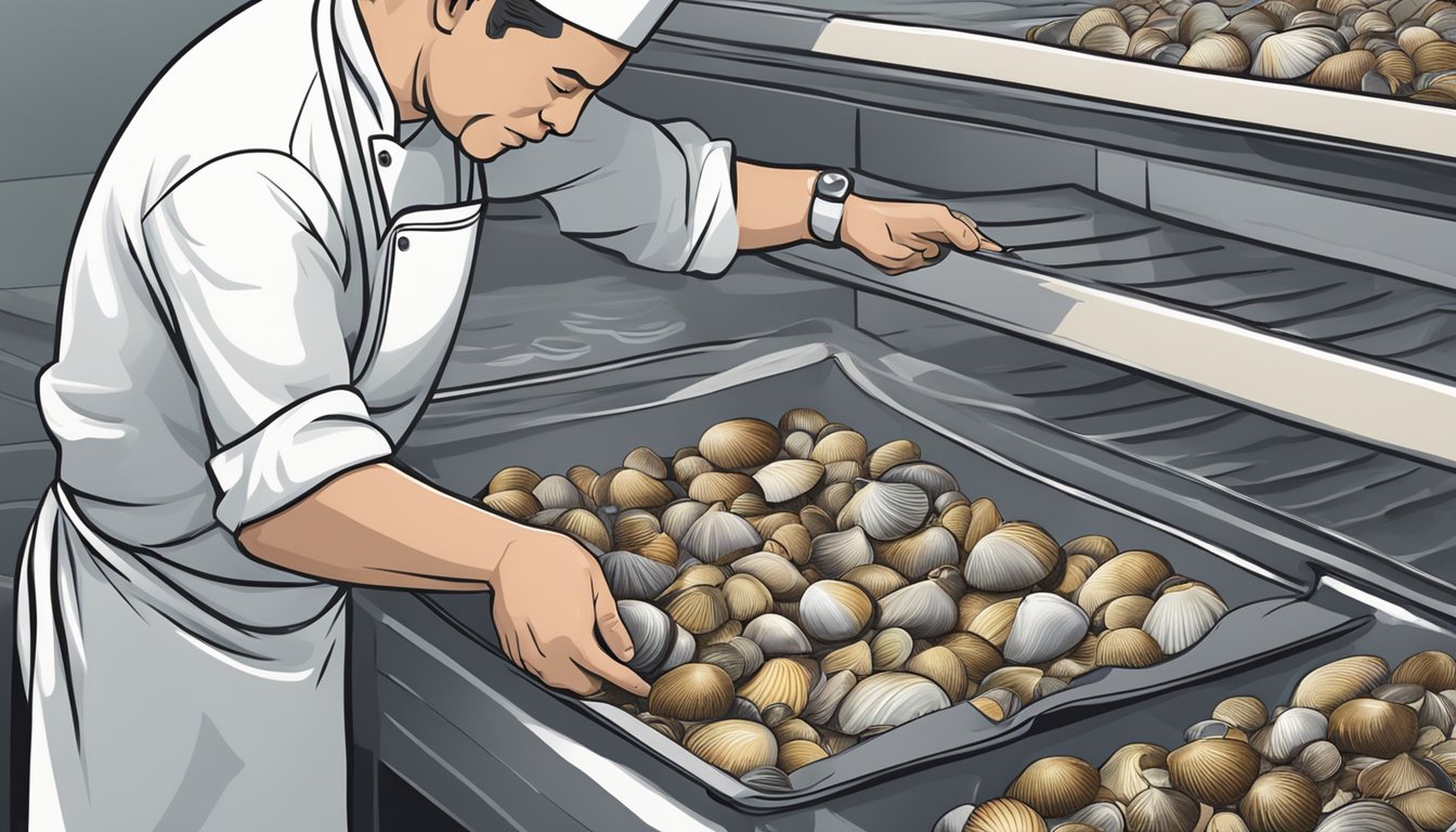 A chef places freshly harvested clams into a freezer bag, sealing it shut before placing it in the freezer