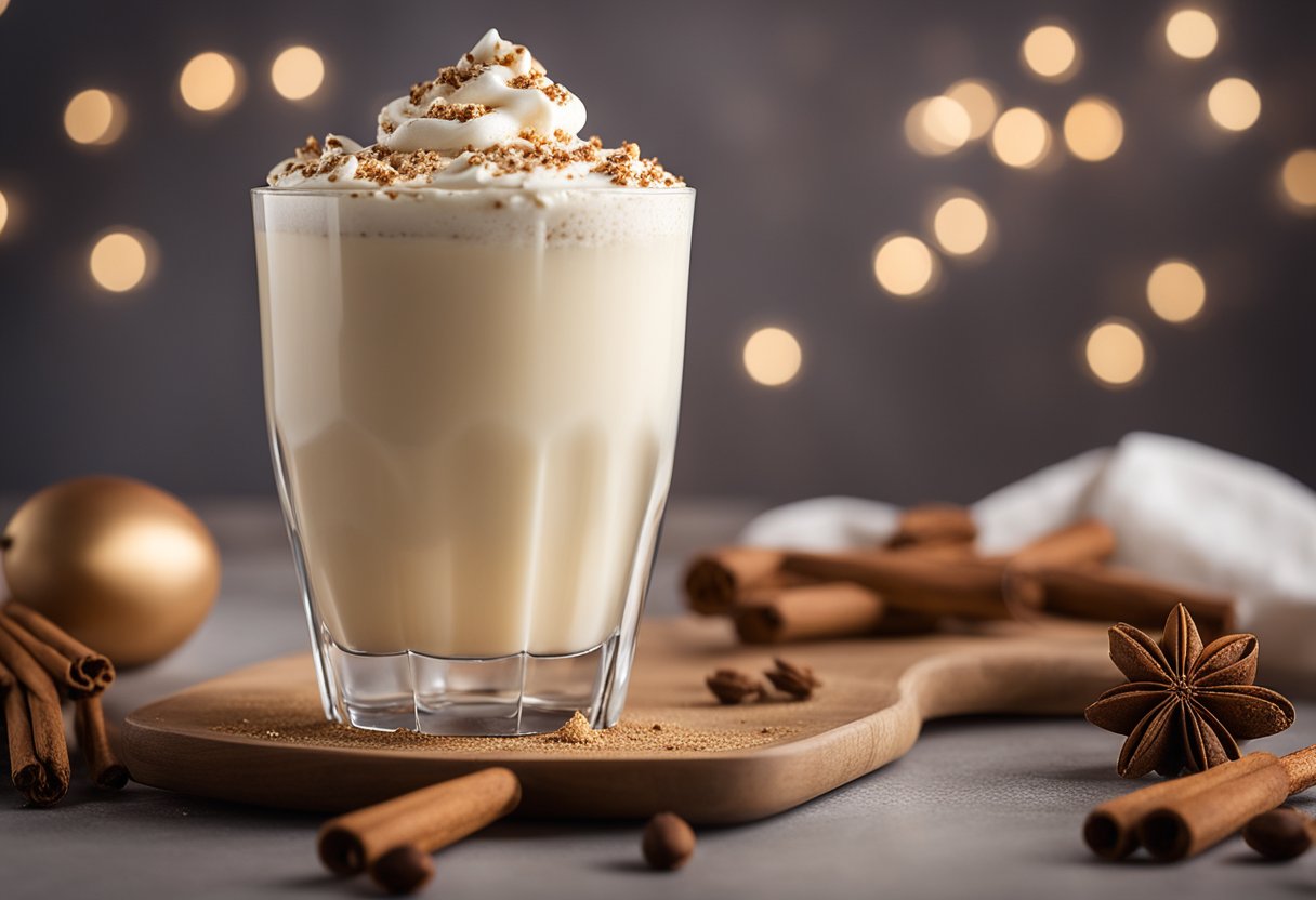 A glass filled with a creamy eggnog milkshake topped with a sprinkle of nutmeg and a dollop of whipped cream