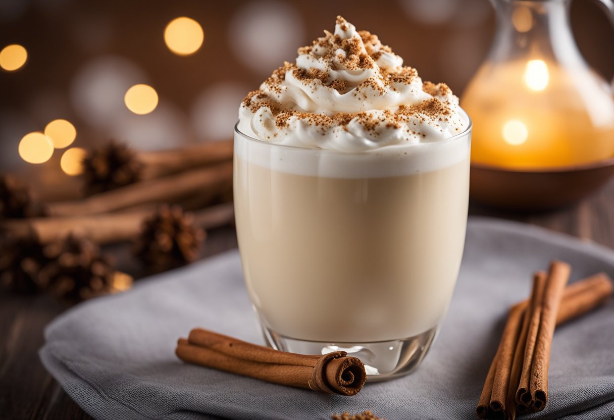 A frothy eggnog milkshake topped with a dollop of whipped cream, sprinkled with nutmeg and garnished with a cinnamon stick