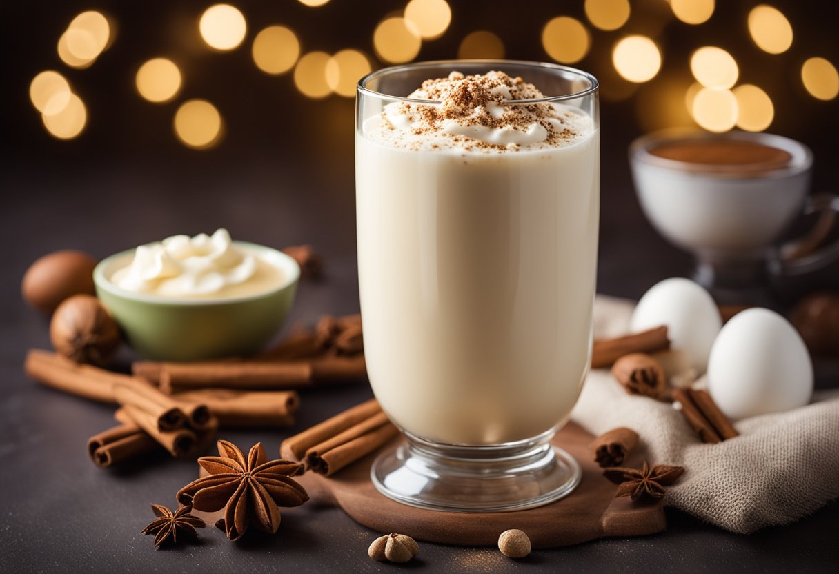 A festive eggnog milkshake surrounded by ingredients like nutmeg, cinnamon, and vanilla beans, with a nutritional label in the background