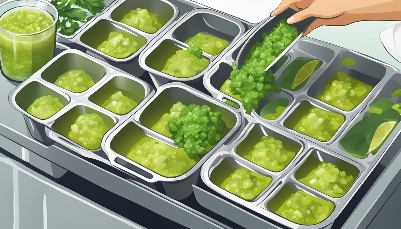 Fresh salsa verde being carefully poured into ice cube trays, then placed in the freezer. Vibrant green color and fresh ingredients are prominently featured