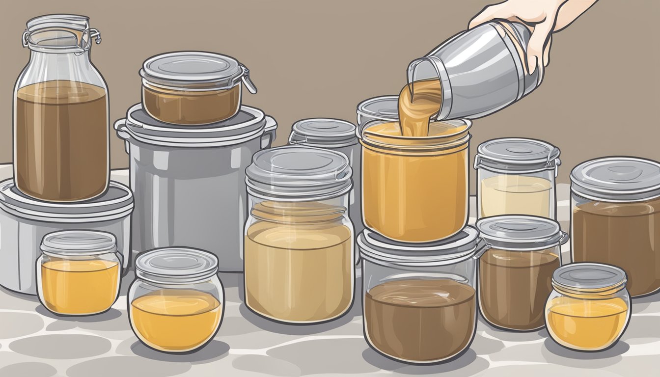 A pot of homemade gravy being poured into labeled freezer-safe containers