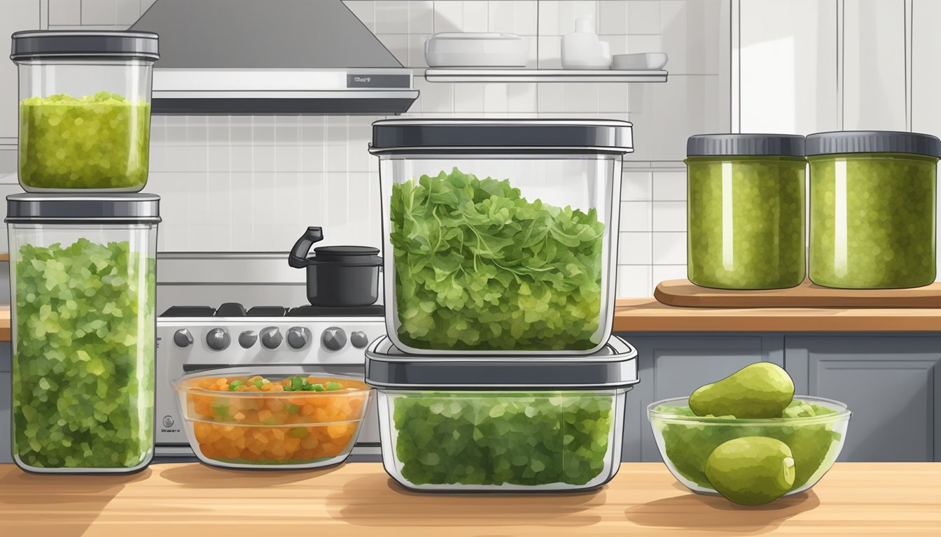 A bowl of fresh salsa verde sits on a kitchen counter next to a stack of freezer-safe containers and a label marker