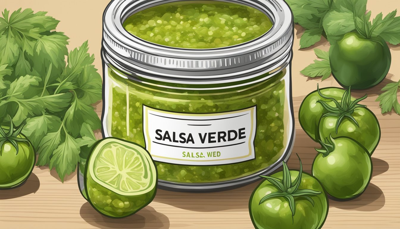 A glass jar filled with freshly made salsa verde, being carefully sealed with a lid and placed in the freezer