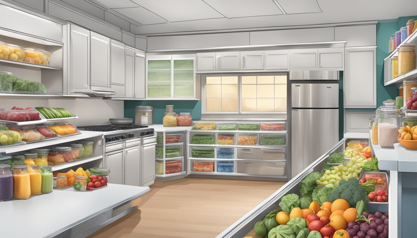 A kitchen counter with various fruits, vegetables, and bags of frozen ingredients laid out for smoothie packs. A freezer door is open, showing organized rows of pre-made smoothie packs