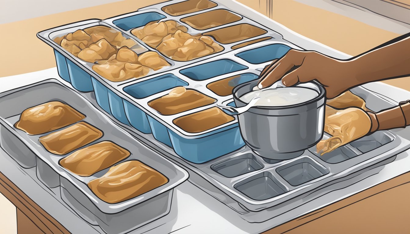 A pot of homemade gravy being poured into ice cube trays, then placed in the freezer