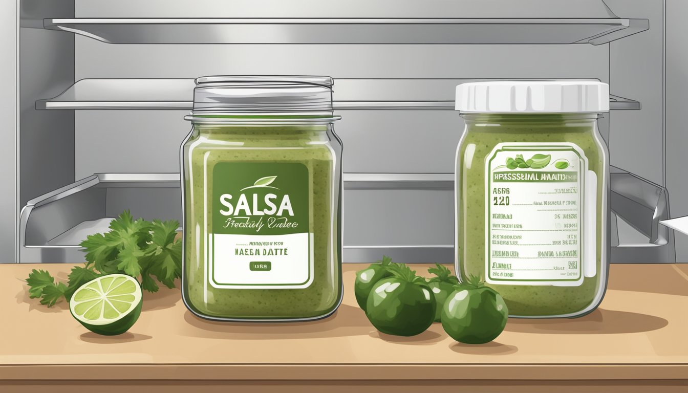 A glass jar of freshly made salsa verde being carefully poured into a freezer-safe container, with a label indicating the date of preparation