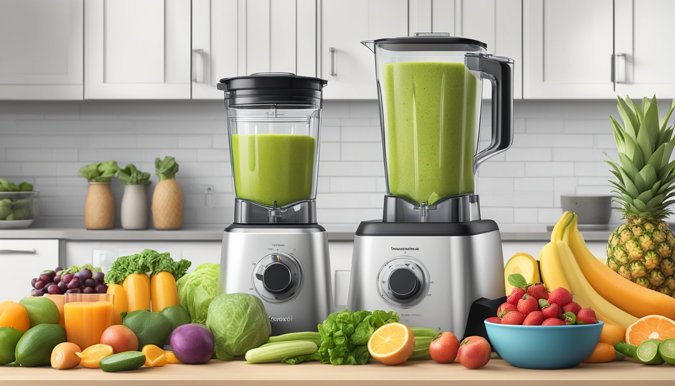 A countertop with a variety of fresh fruits and vegetables, a blender, and resealable bags filled with pre-portioned smoothie ingredients in a freezer