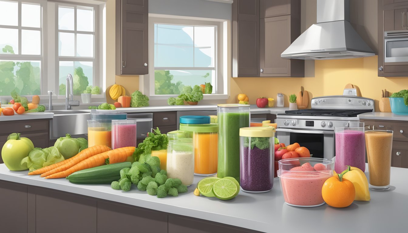 A kitchen counter with various fruits, vegetables, and plastic bags filled with pre-portioned smoothie ingredients. A freezer in the background