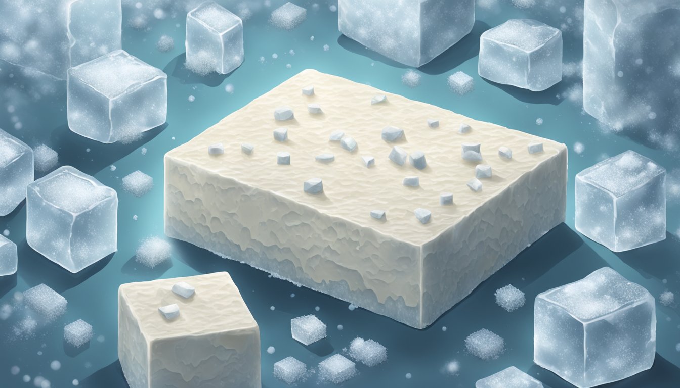 A block of tofu being placed in a freezer, surrounded by ice crystals forming on its surface