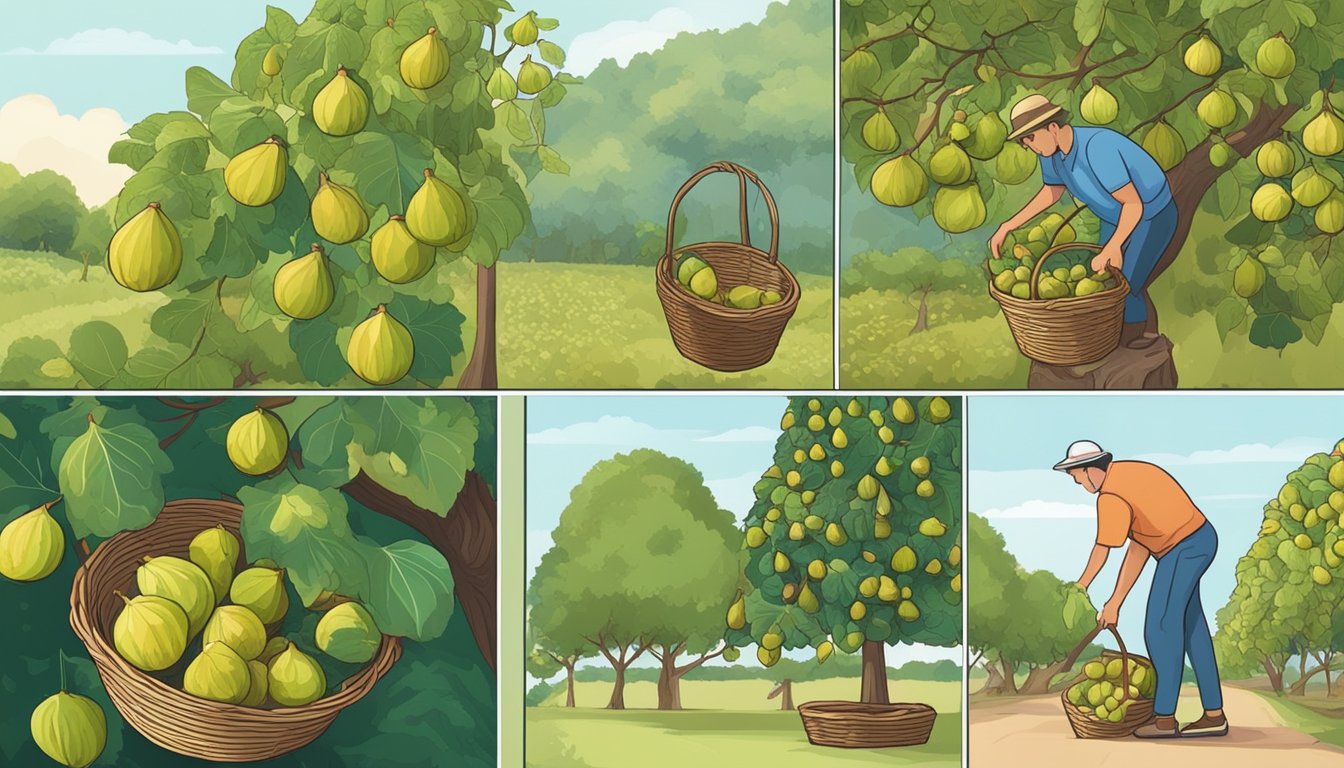 A person picking ripe figs from a tree, placing them in a basket, and then preparing them for freezing