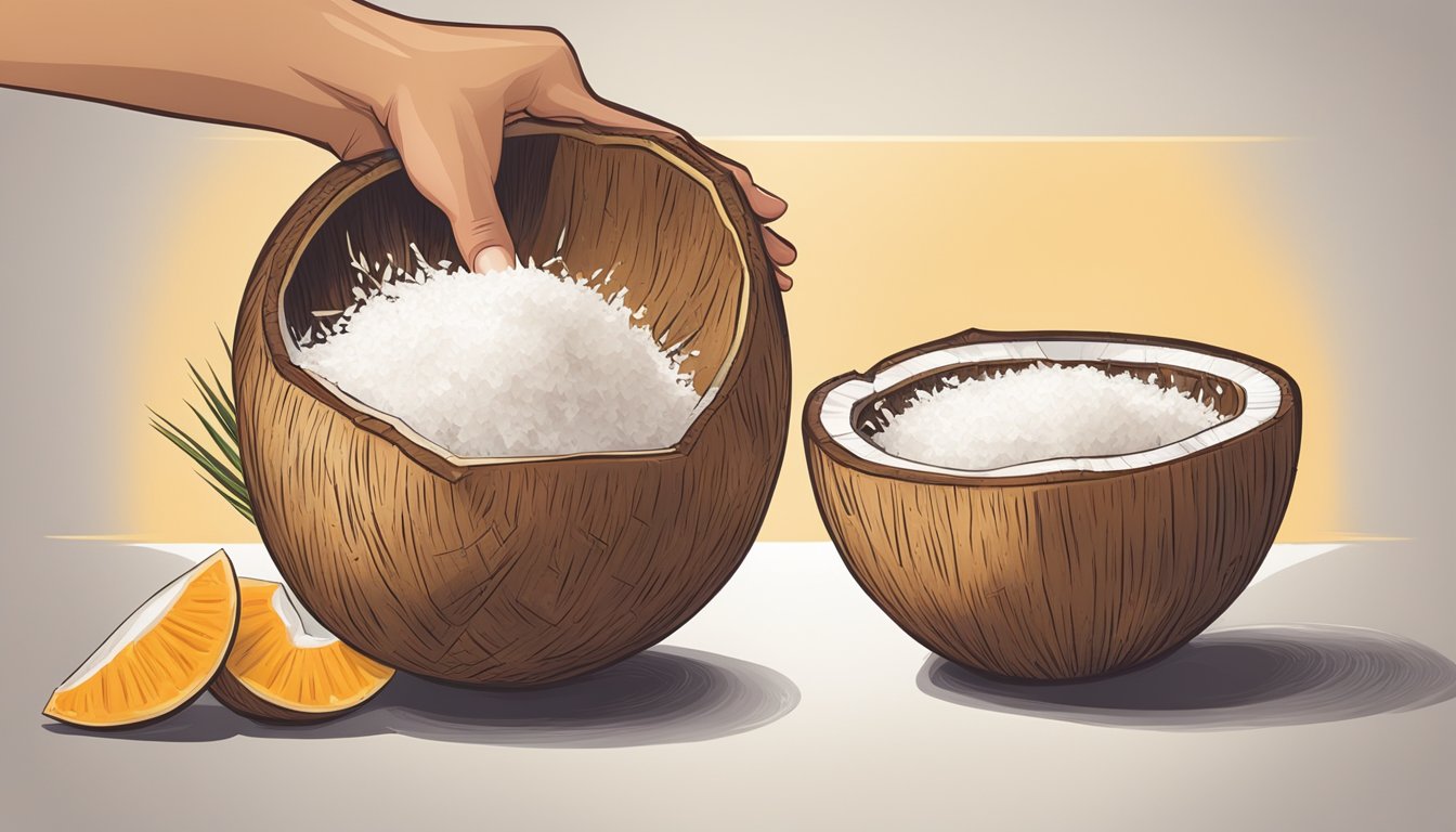 A coconut being cracked open and the flesh being grated into a bowl, then placed in a freezer bag and stored in the freezer