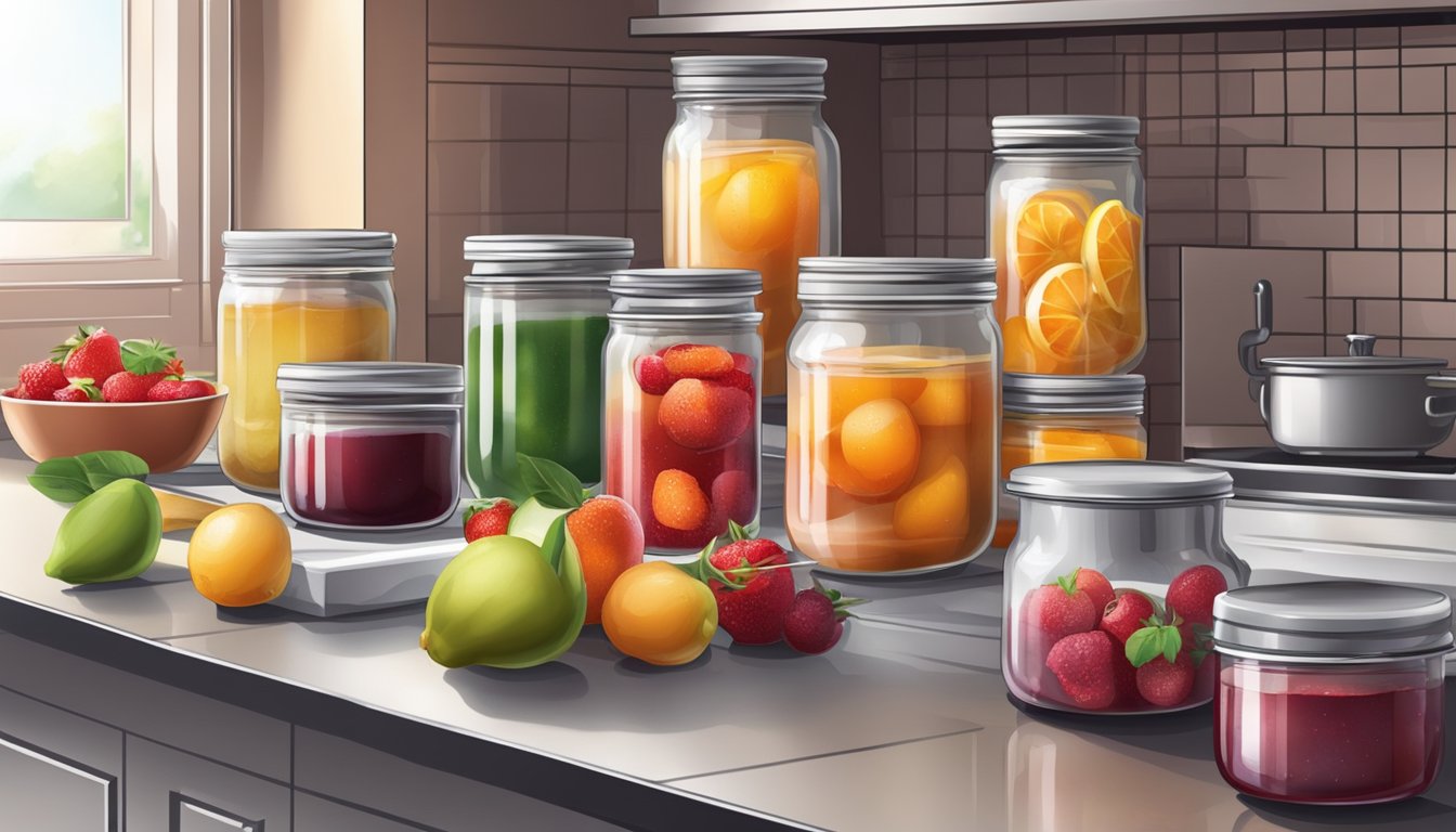 A kitchen counter with fresh fruit, sugar, and a pot simmering homemade jam. A freezer door open with jars of jam inside