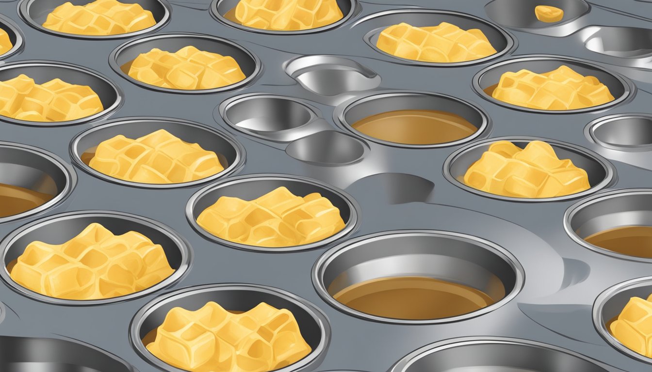 A bowl of waffle batter being poured into individual portions in a muffin tin, then covered and placed in the freezer