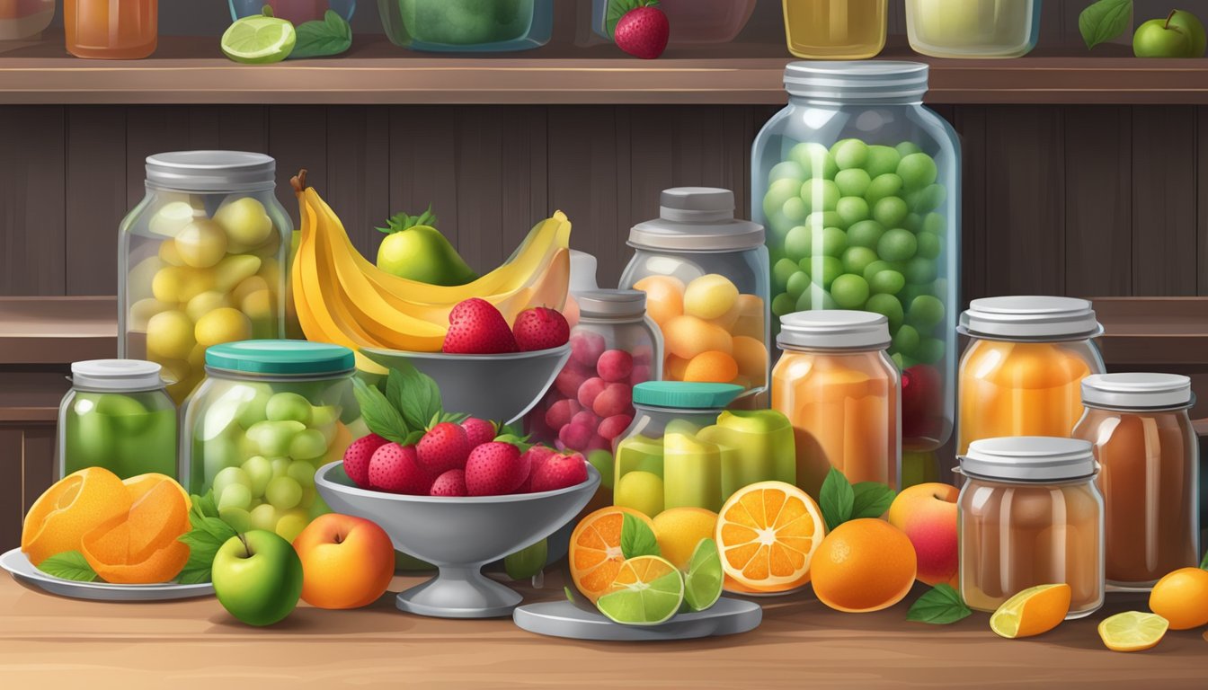 A table with assorted fresh fruits, sugar, and pectin, surrounded by jars and a freezer