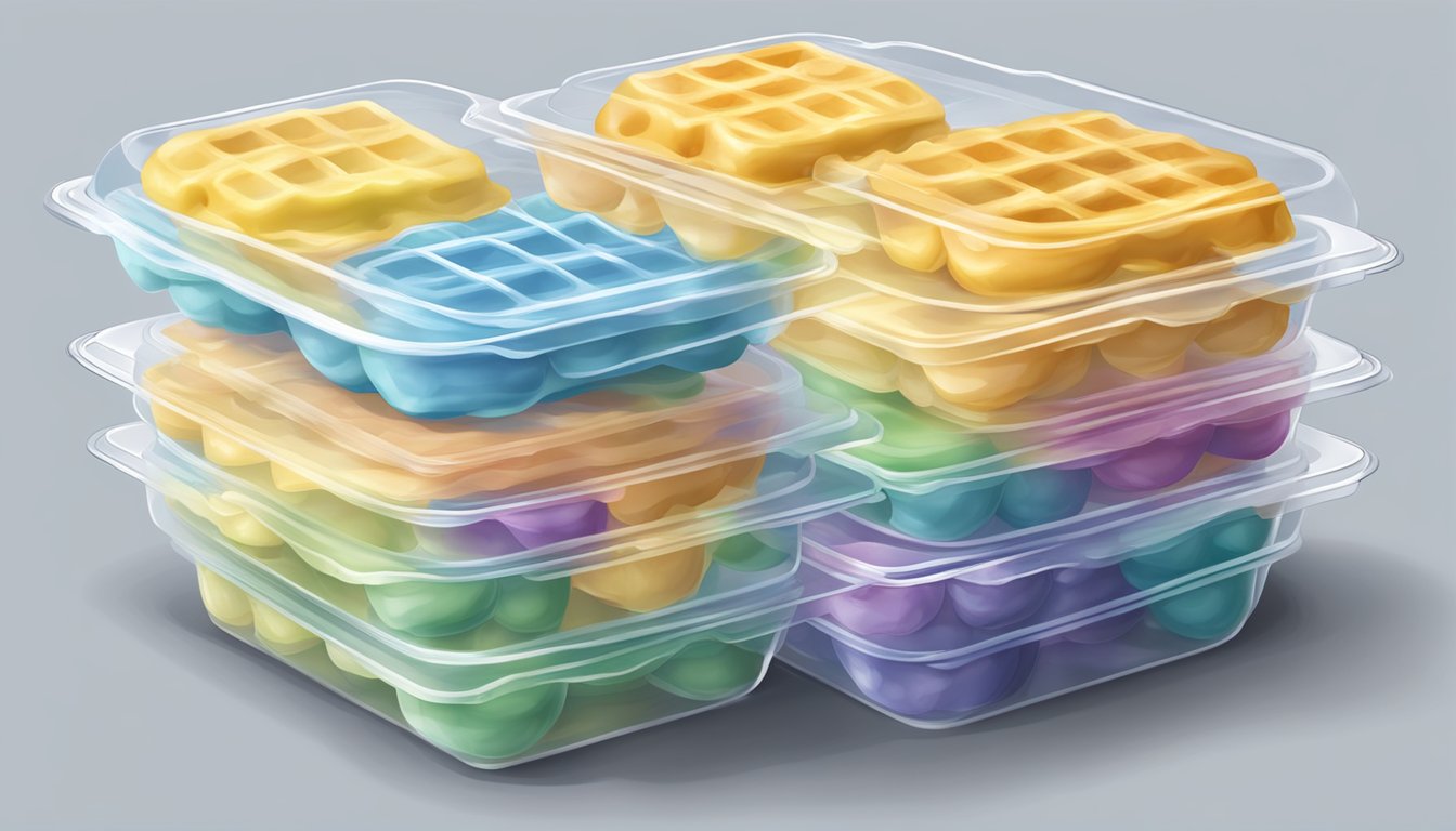 A clear plastic container filled with waffle batter, sealed tightly with a lid, placed in the freezer