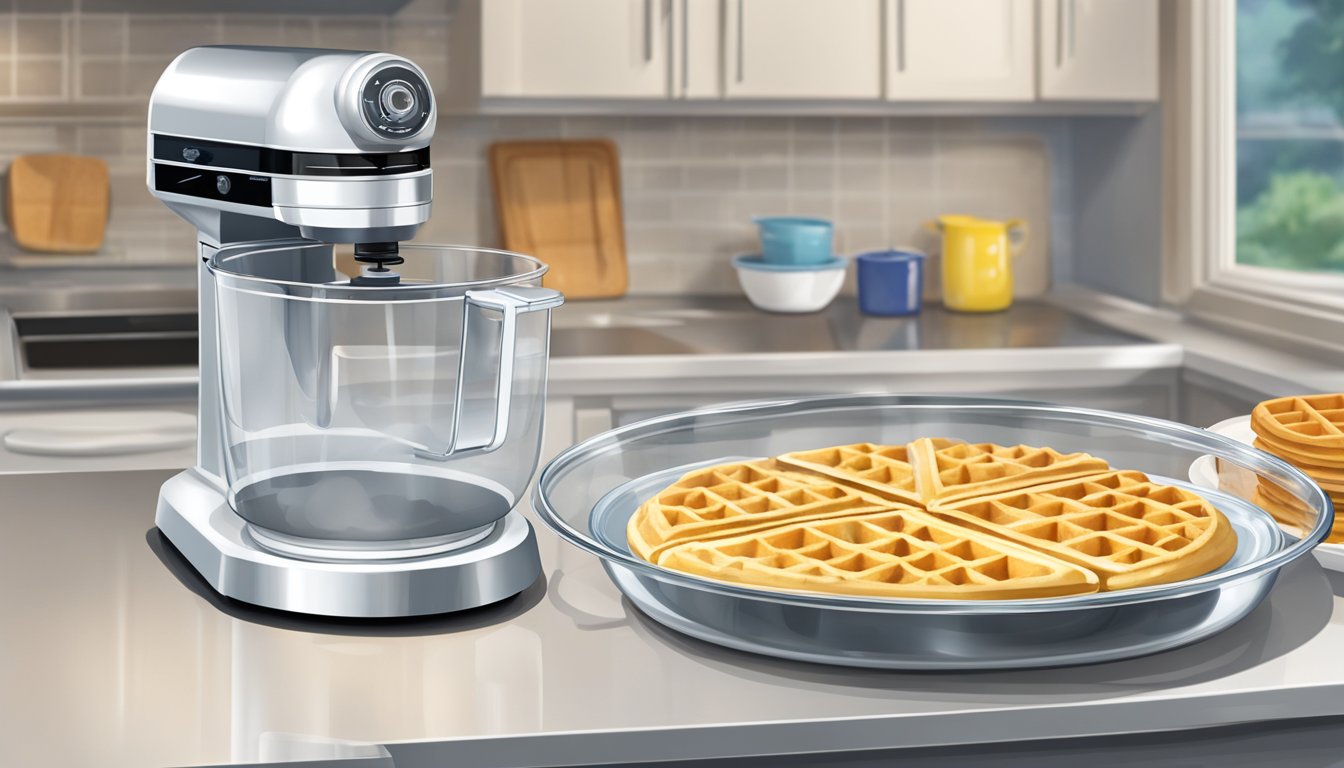 A clear glass bowl filled with waffle batter sits next to a metal waffle iron on a kitchen counter. The freezer door is open, revealing shelves of frozen food