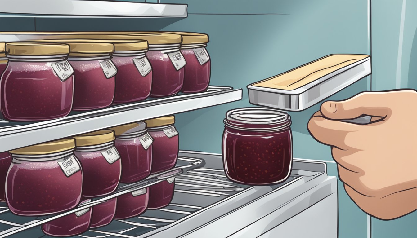 A jar of homemade jam being placed into a freezer, with a label indicating the date of preparation