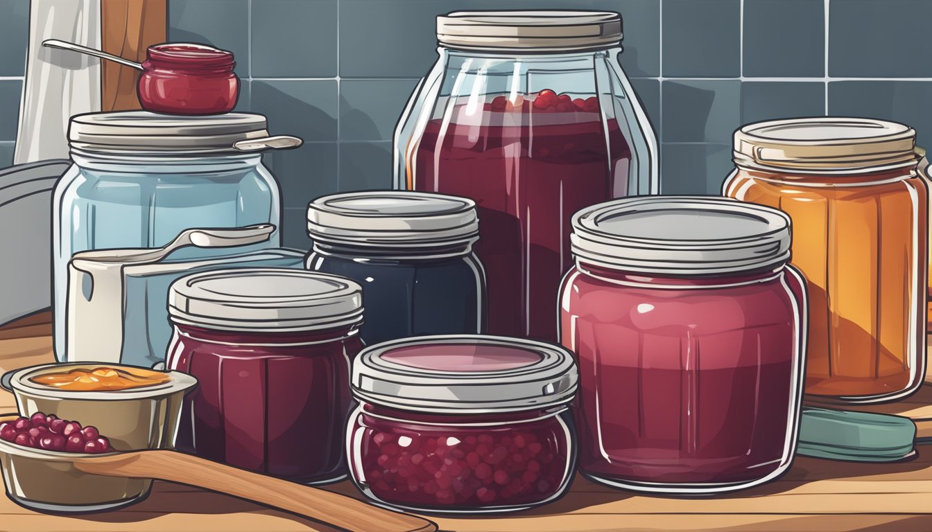 A glass jar of homemade jam sits on a kitchen counter next to a stack of freezer-safe containers and a ladle. The lid is open, and a spoonful of jam is being scooped out