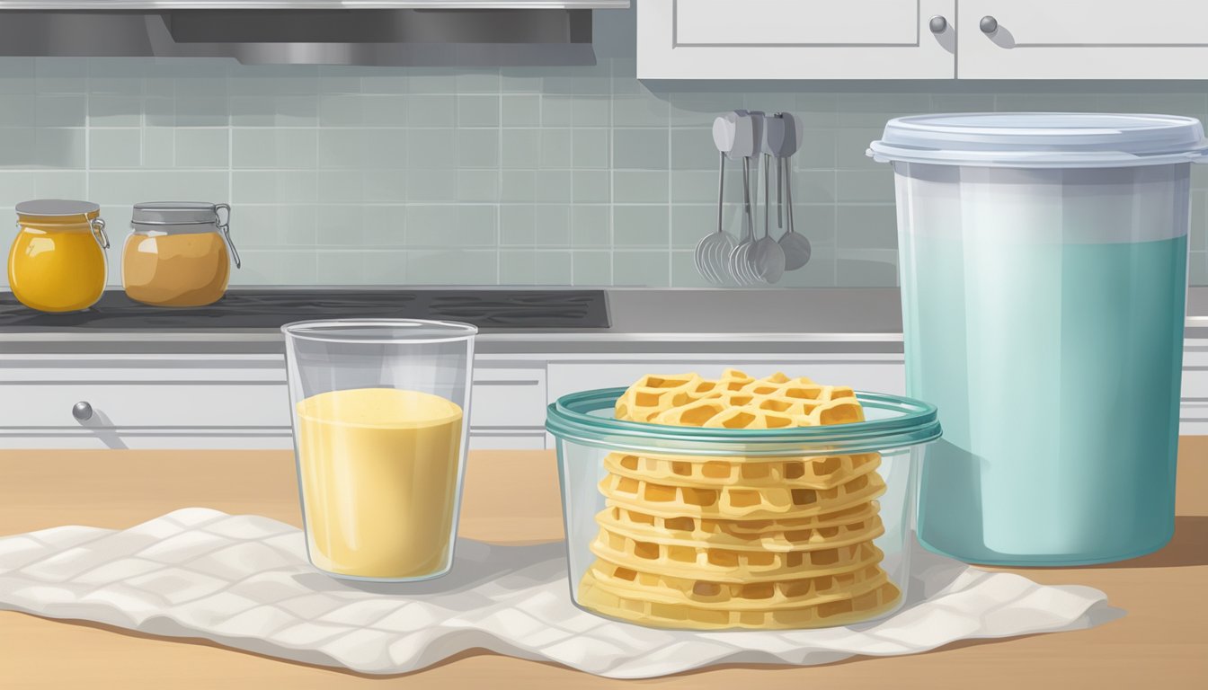 A glass bowl of waffle batter sits on a kitchen counter next to a freezer bag. The bag is filled with neatly portioned dollops of batter, ready to be frozen