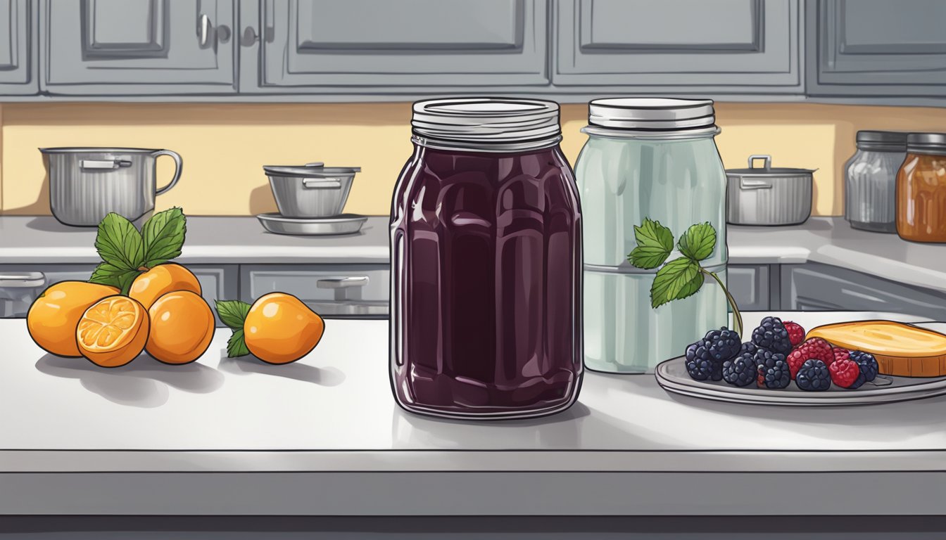 A jar of homemade jam sits on a kitchen counter next to a freezer. The lid is off and the jam is being poured into a freezer-safe container