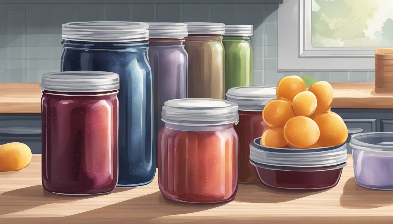 A glass jar filled with homemade jam sits on a kitchen counter next to a stack of freezer-safe containers and a roll of freezer tape